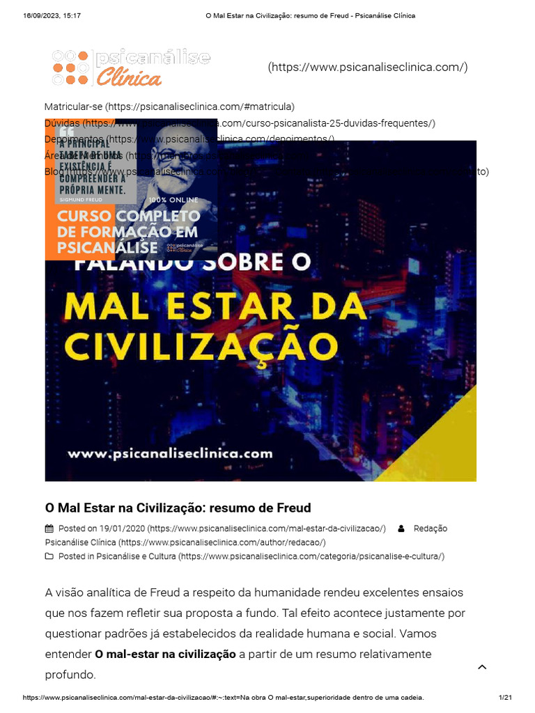 Mal Estar Na Civilização - Resumo de Freud - Psicanálise Clínica | PDF ...