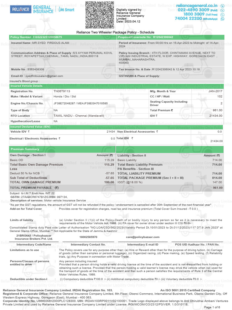 Honda Dio Insurance Policy Details | PDF | Insurance | Cheque
