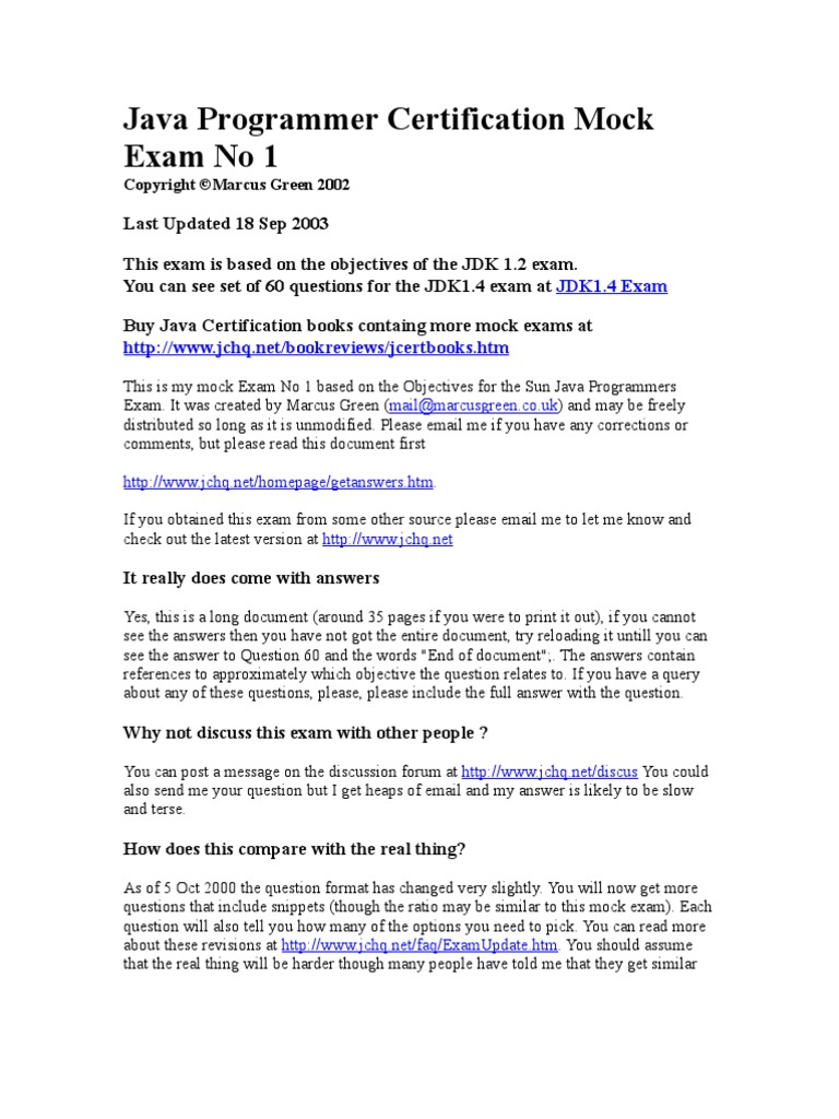 Java Programmer Certification Mock Exam No 1 | PDF