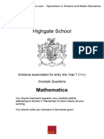 Highgate 11+ SampleMaths Test 2013