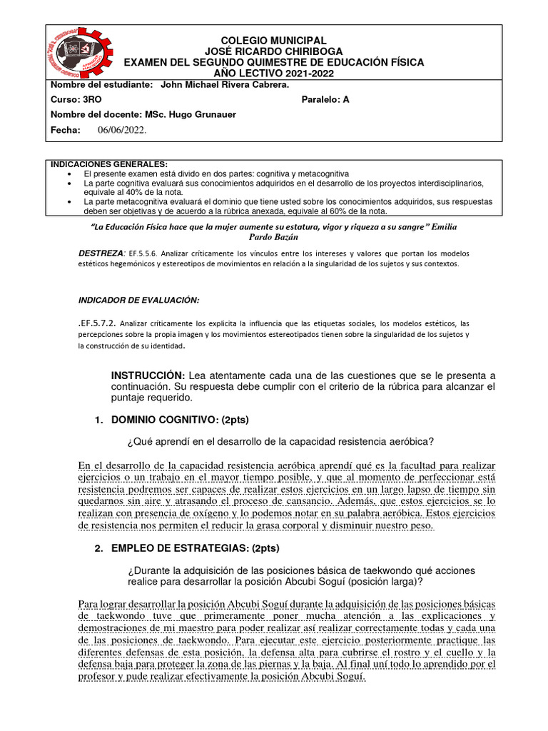 John Rivera 3a Educa Examen Ii Quimestre-Ee - Ff. 3ro A | PDF ...