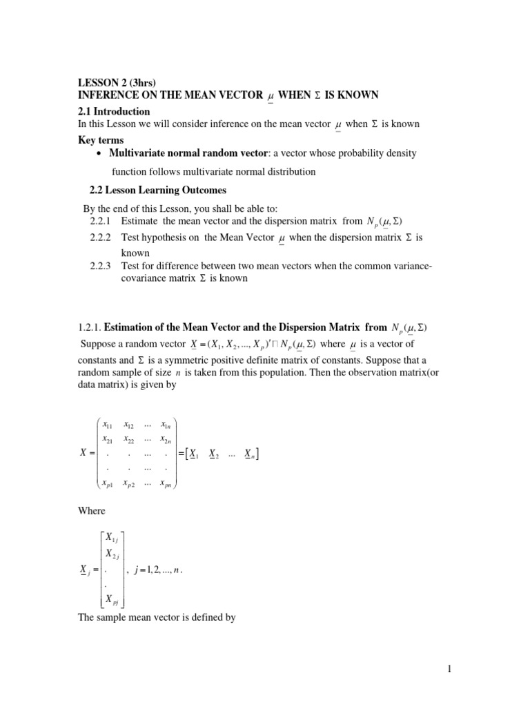 Inference on Mean Vector with Known Σ | PDF | Covariance Matrix ...