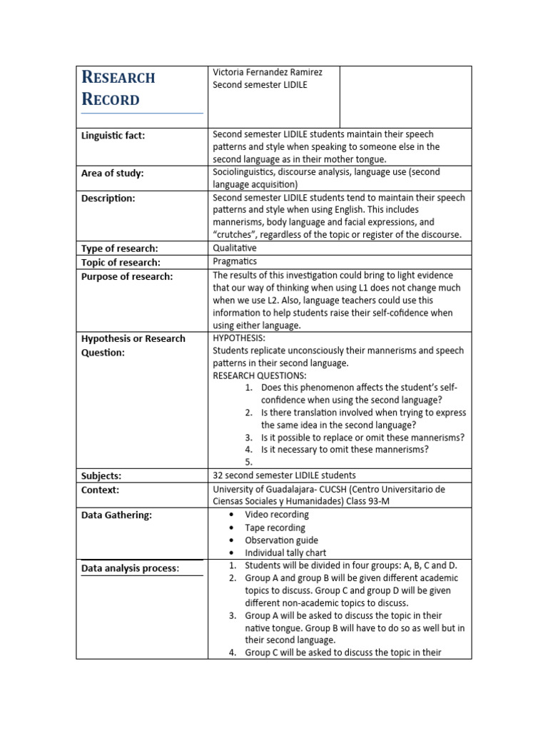 Research Record - 3 - Victoria Fernandez | PDF | Second Language ...