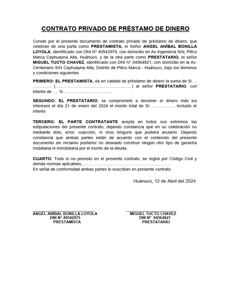 CONTRATO PRIVADO DE PRÉSTAMO dinero | PDF