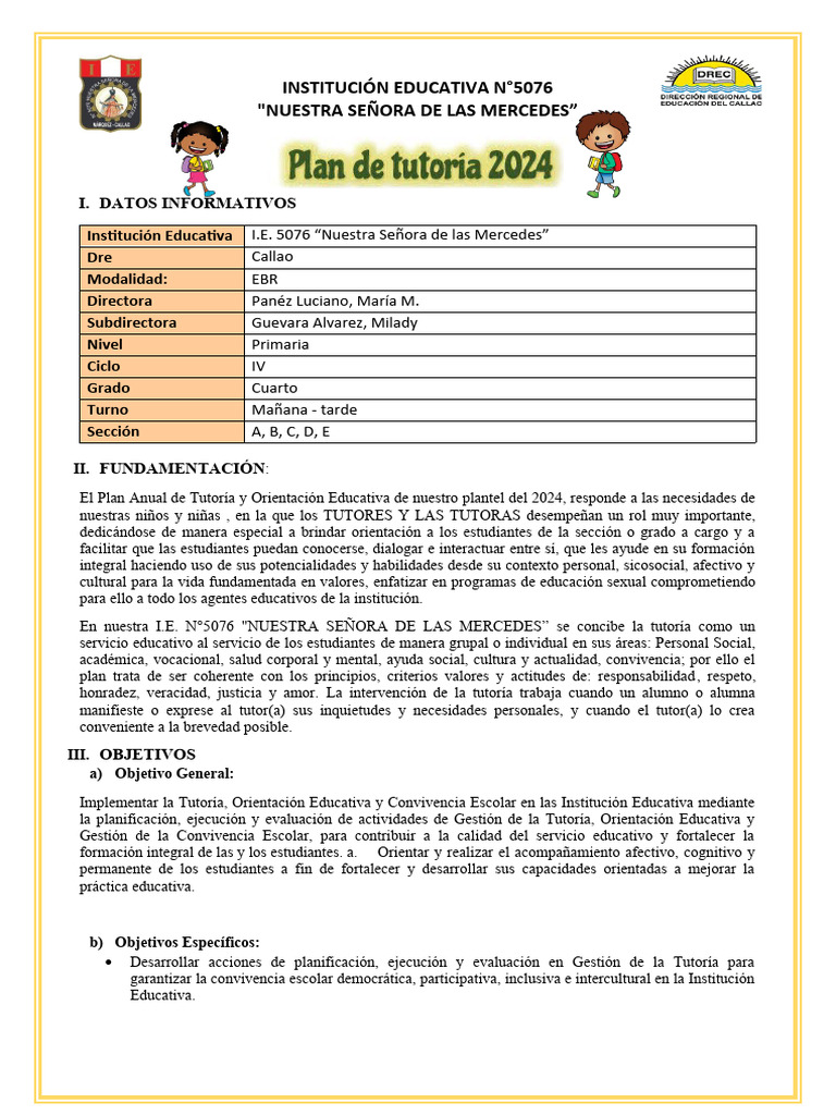 Plan de Tutoría 2024 en I.E. 5076 | PDF | Educación primaria | Maestros