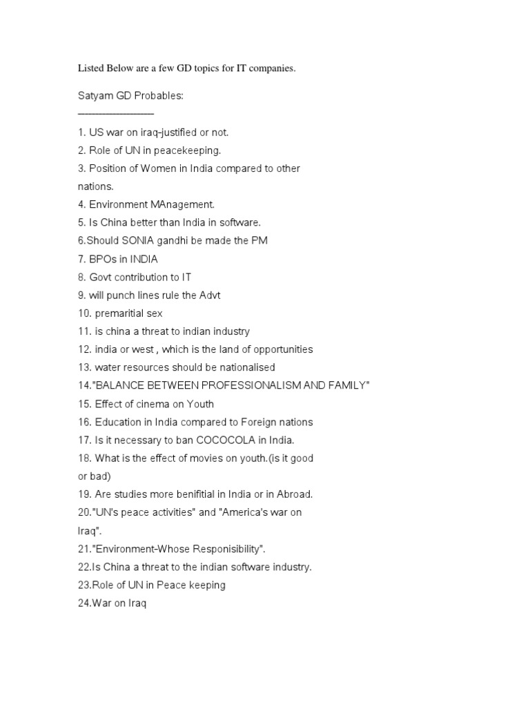 GD Topics For IT Companies | PDF | Social Science | Business