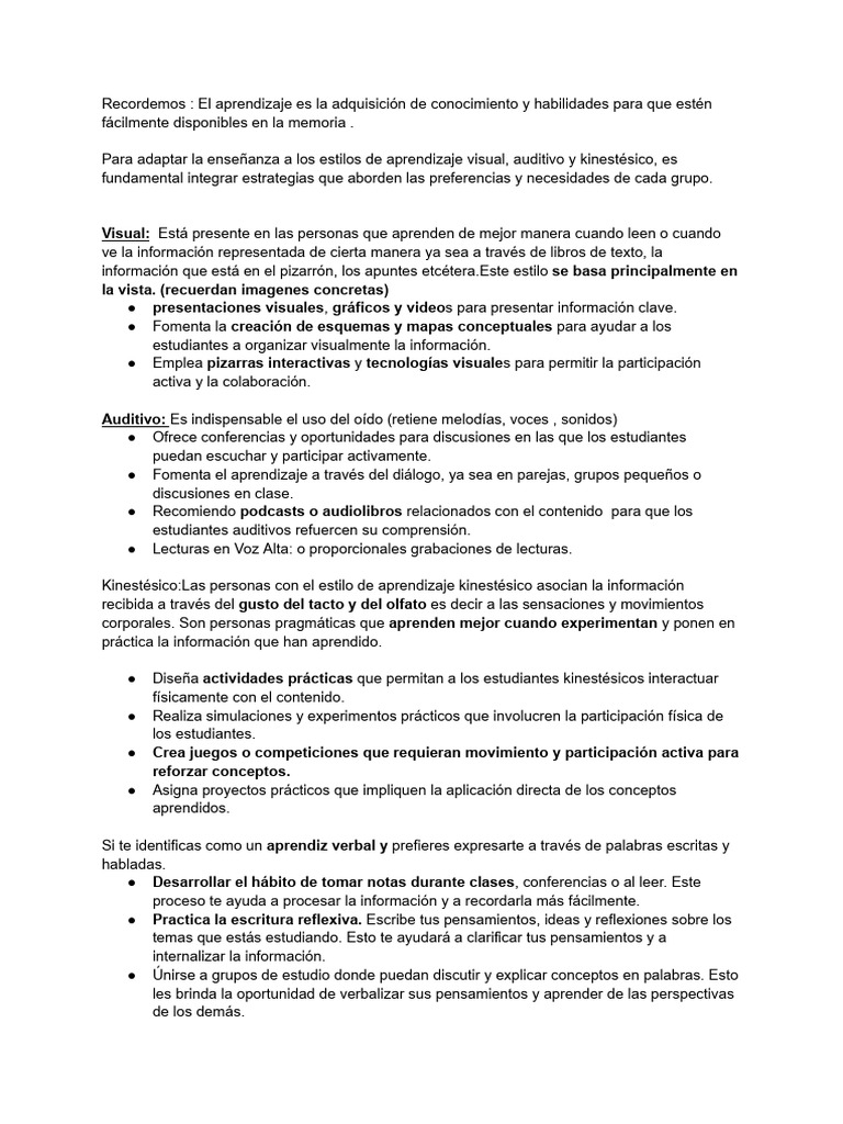 Visual, Auditivo y Kinesico | PDF | Aprendizaje | Ciencia cognitiva