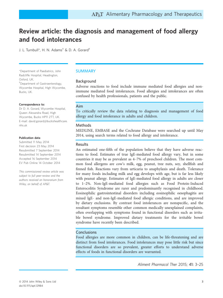 Diagnosis and Management of Food Allergy and Food Intolerances 2015 ...