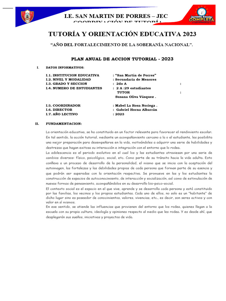 Plan Anual de Tutoría 2023 en Secundaria | PDF | Salón de clases ...