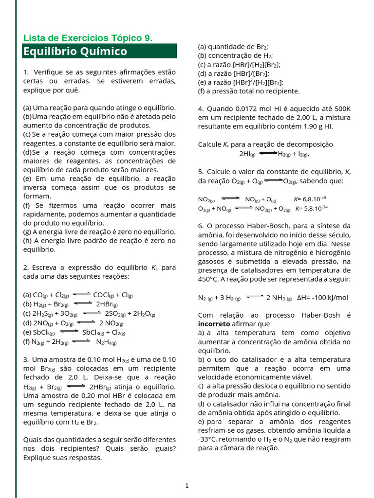 Exercícios de Equilíbrio Químico | PDF | Equilíbrio químico | Reações ...