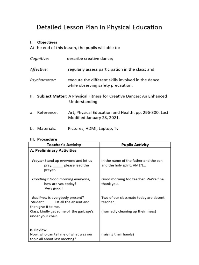 Detailed Lesson Plan in Physical Education PDF Dances Physical