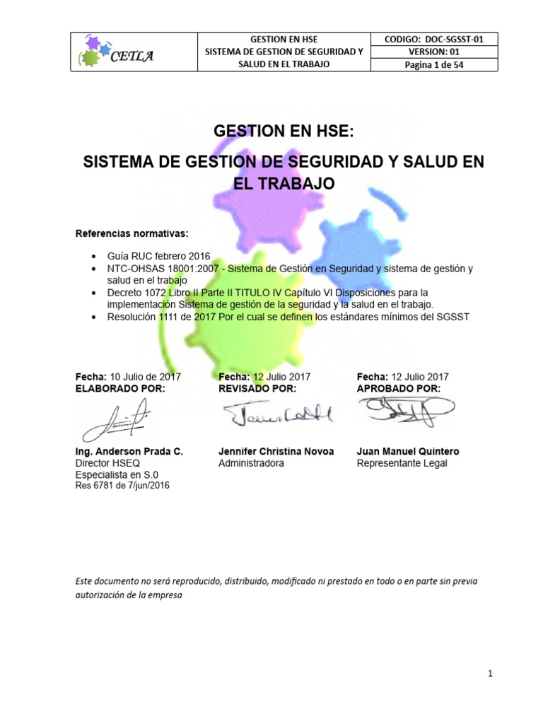 Documento Sg Sst Pdf Seguridad Y Salud Ocupacional La Seguridad