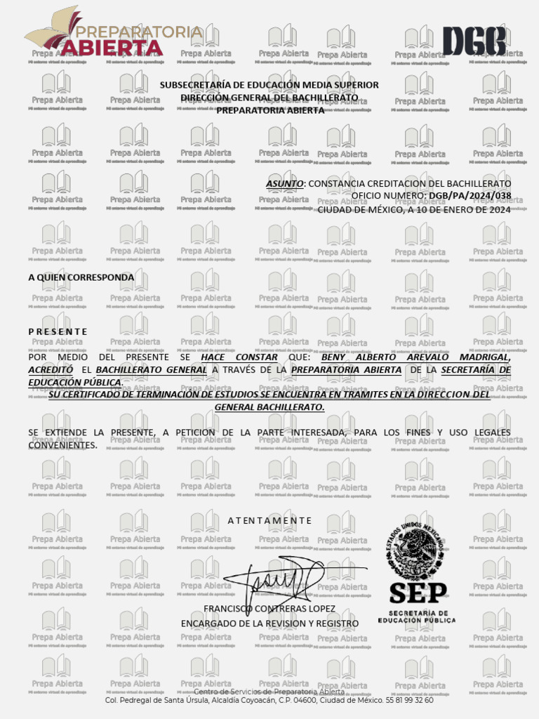 Constancia de Acreditación de Bachillerato | PDF