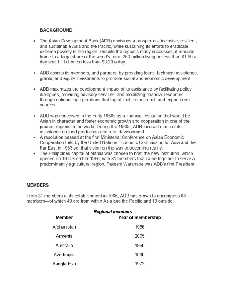 ADB: Vision, Members, and Services | PDF | Asian Development Bank ...
