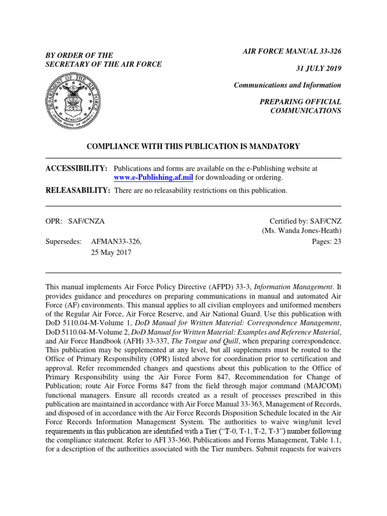 Air Force Manual 33-326 Overview | PDF | Memorandum | Classified ...