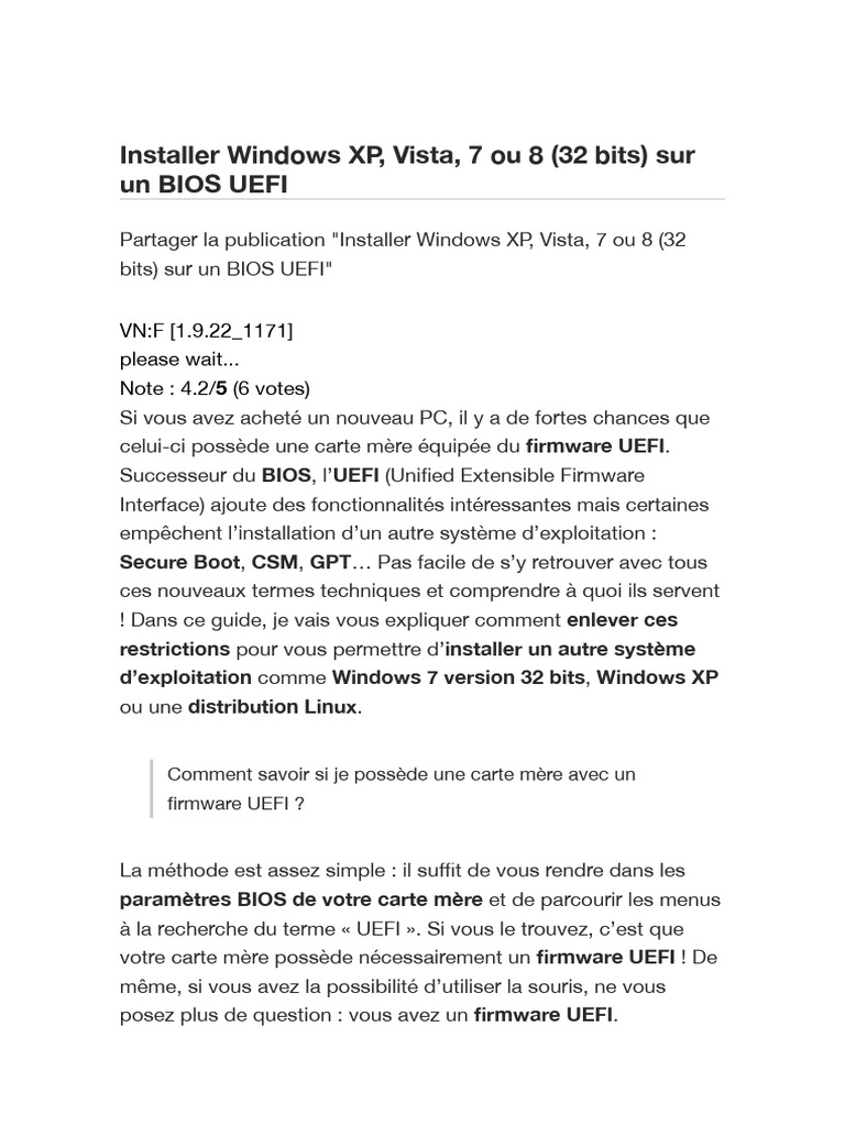 Installer Windows XP, Vista, 7 Ou 8 (32 Bits) Sur Un Bios Uefi | PDF ...