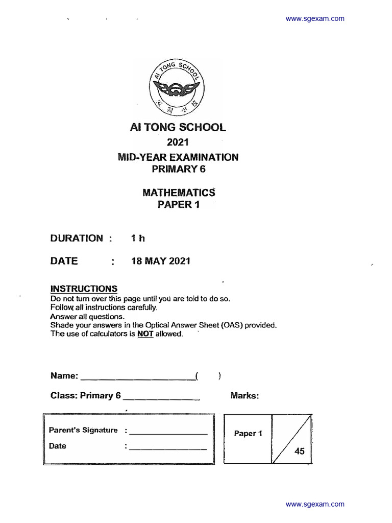 2021 P6 Math Mid-Year Exam Paper | PDF | Mathematics | Arithmetic