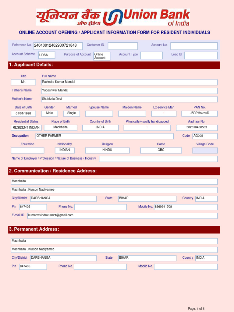Application Form Account Opening08042024125219 | PDF | Banks | Cheque