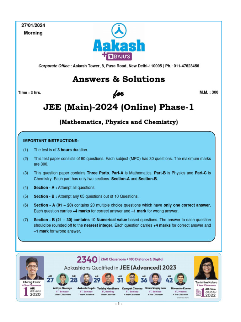 JEE Main 2024 Phase-1 Math Solutions | PDF | Multiple Choice | Algebra