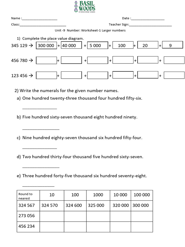 Class 3 Worksheet on Large Numbers | PDF | Teaching Methods & Materials