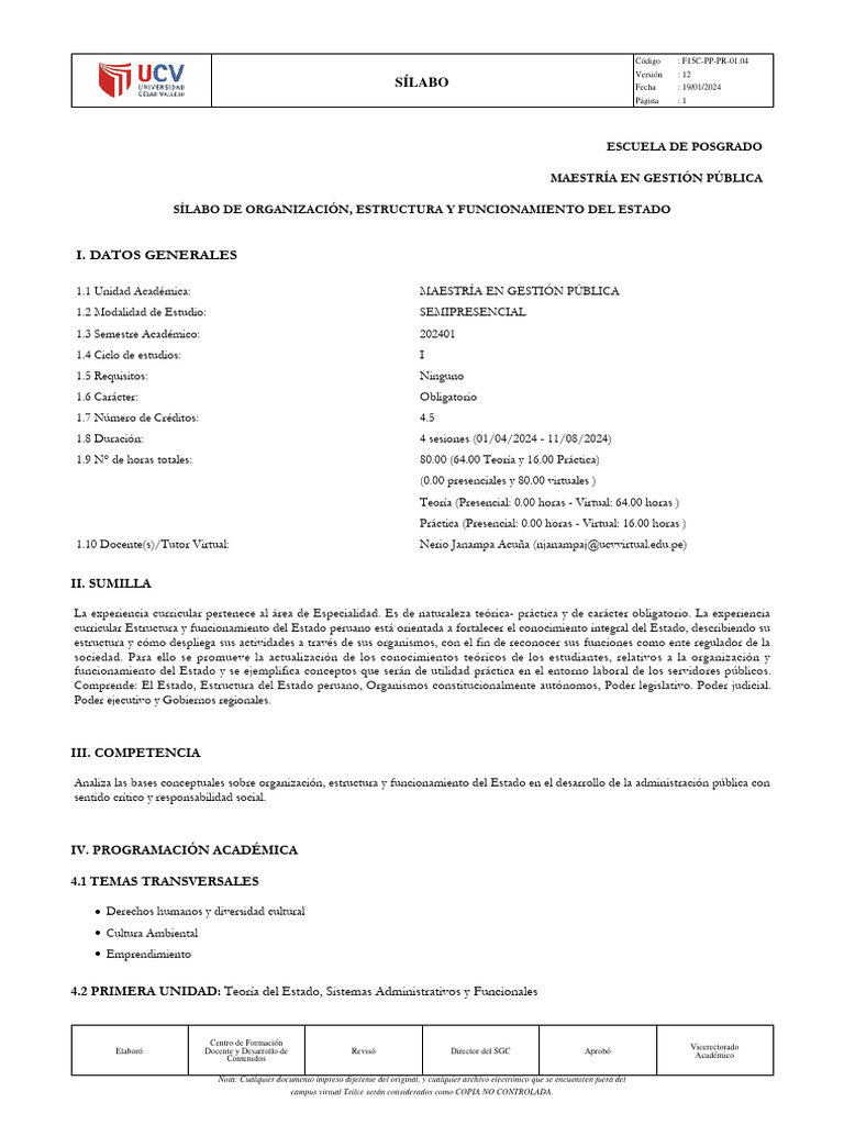 Sílabo de Organización del Estado Peruano | PDF | Administración ...