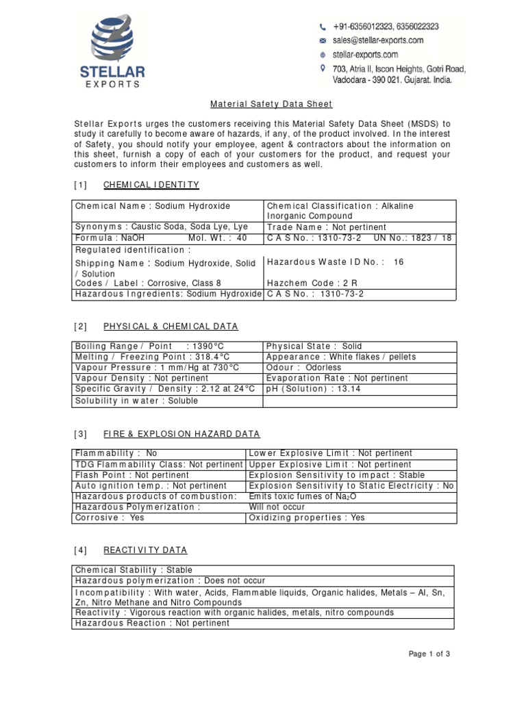 Sodium Hydroxide MSDS Overview | PDF | Sodium Hydroxide | Chemical ...