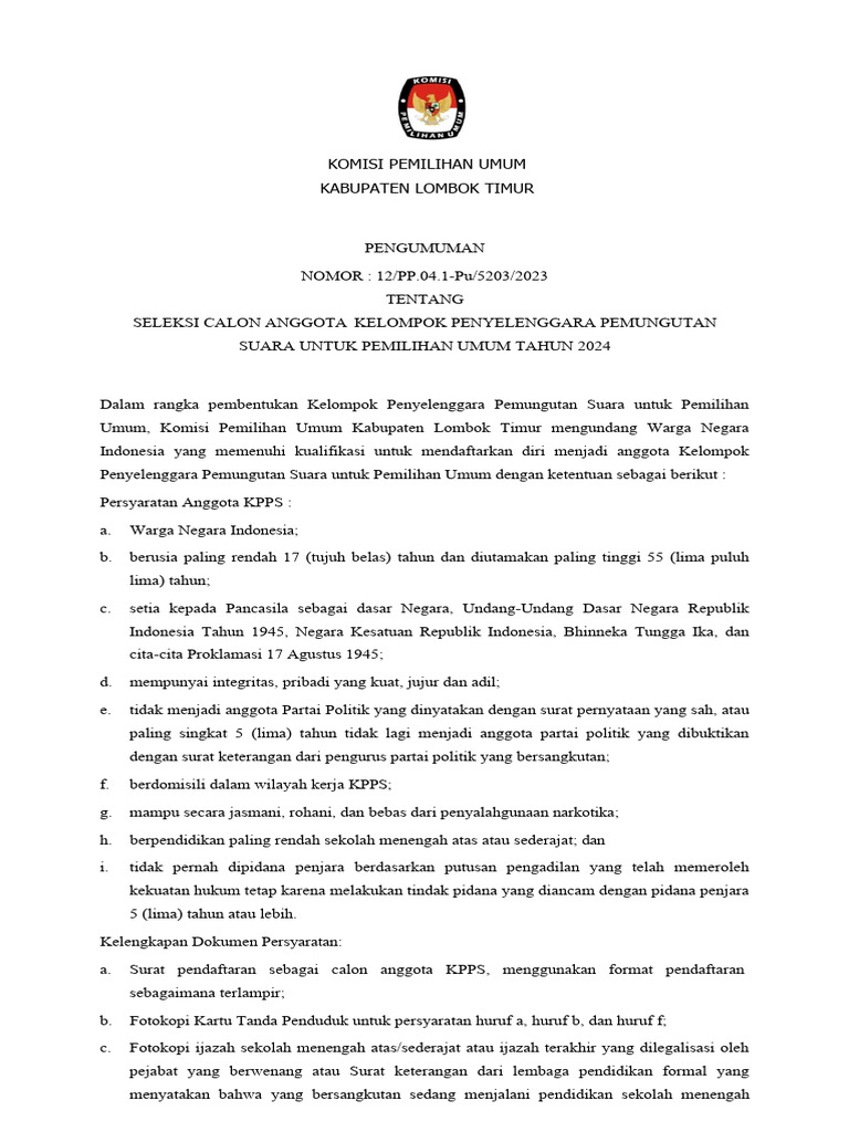 Pengumuman seleksi calon anggota kpps pemilu tahun 2024 pdf