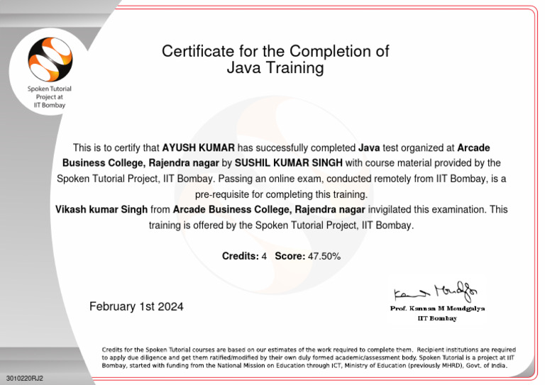 Java Training Completion Certificate | PDF