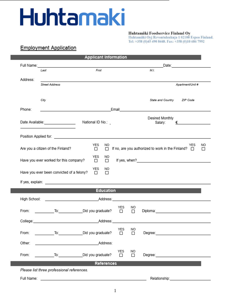 Huhtamaki Job Application Form | PDF