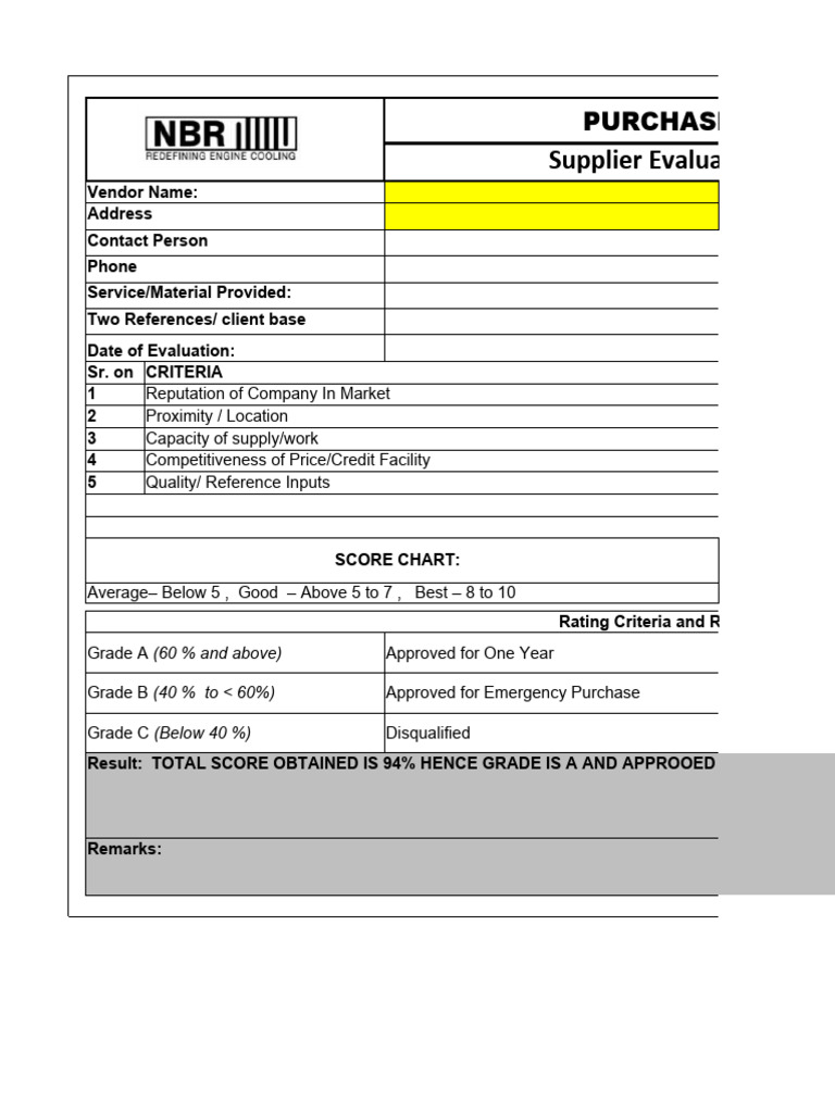 Supplier Evaluation Checklist Results | PDF