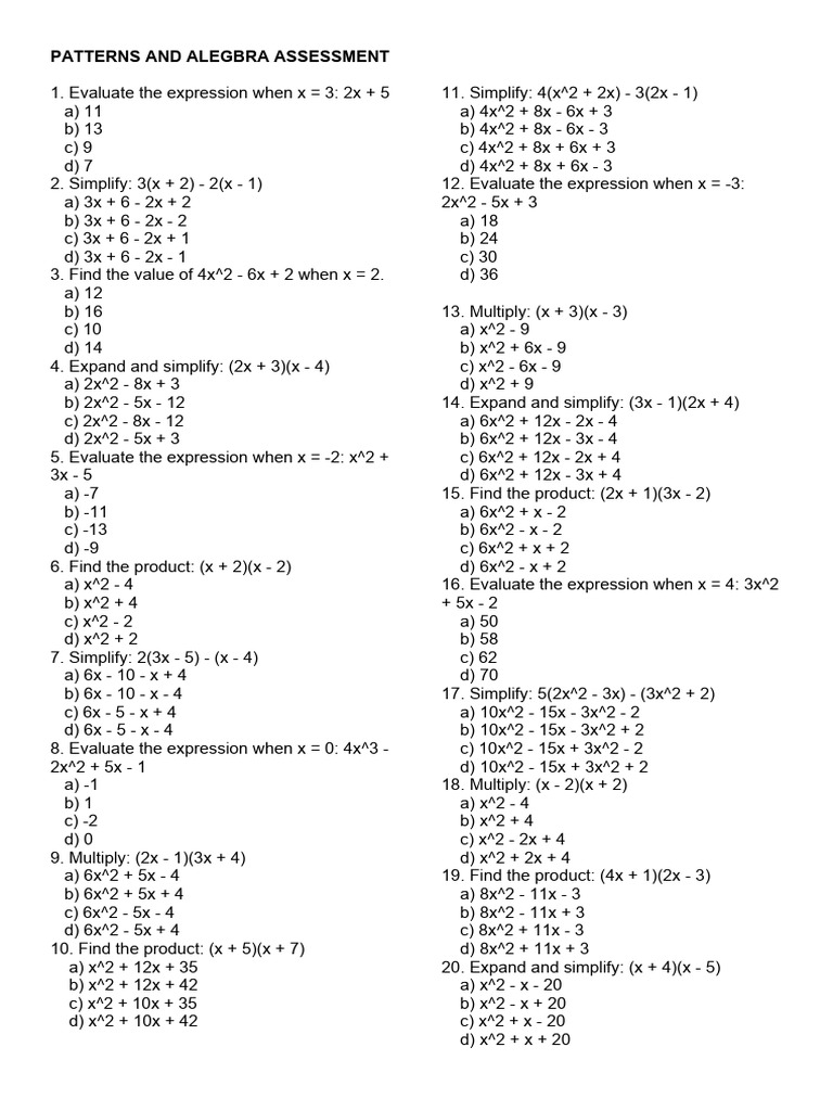 Patterns and Alegbra Assessment | PDF | Mathematics