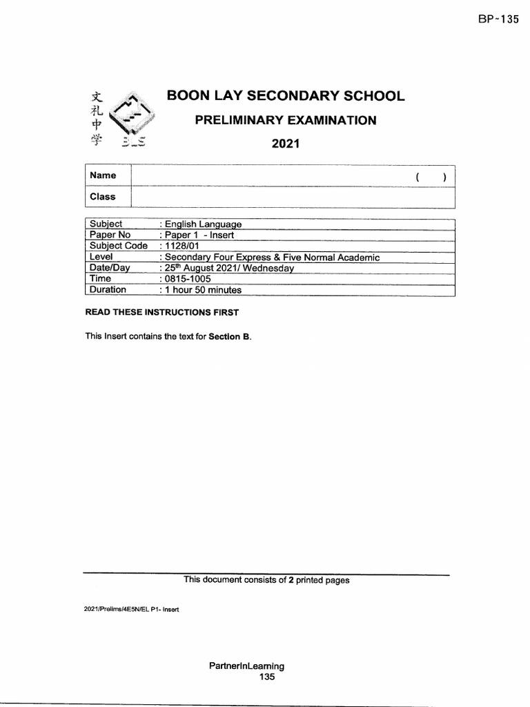 2021 Sec 4 Express English Prelim Boon Lay Secondary With Answer | PDF