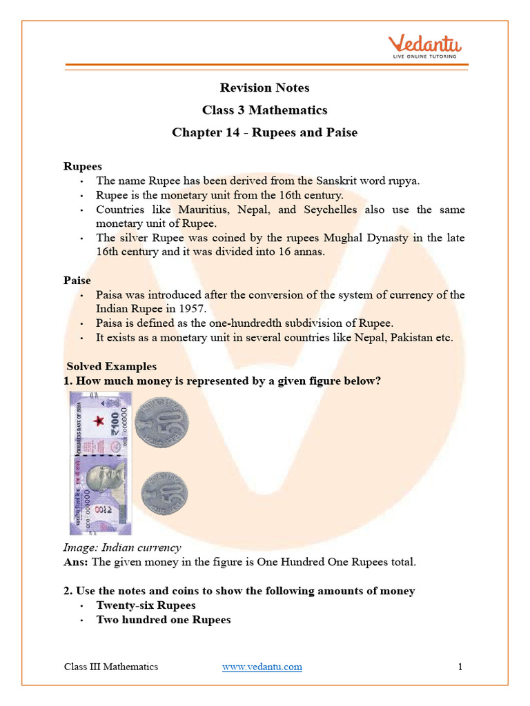 Rupees and Paise Class 3 Notes CBSE Maths Chapter 14 (PDF) | PDF