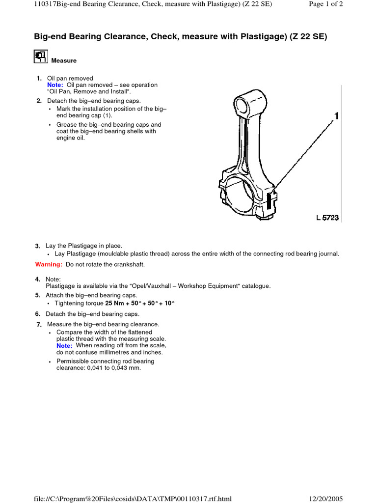 Bigend Bearing Clearance, Check, measure with Plastigage (Z22SE) PDF