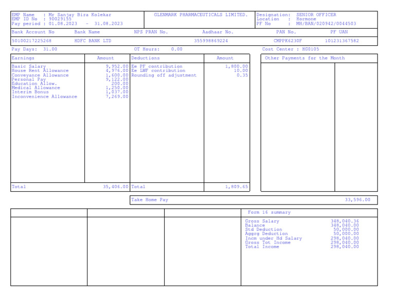 August 2023 Salary Slip Summary | PDF | Taxes | Government Finances