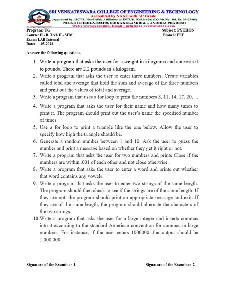 Python Lab Internal Eee 2-2 QP | PDF