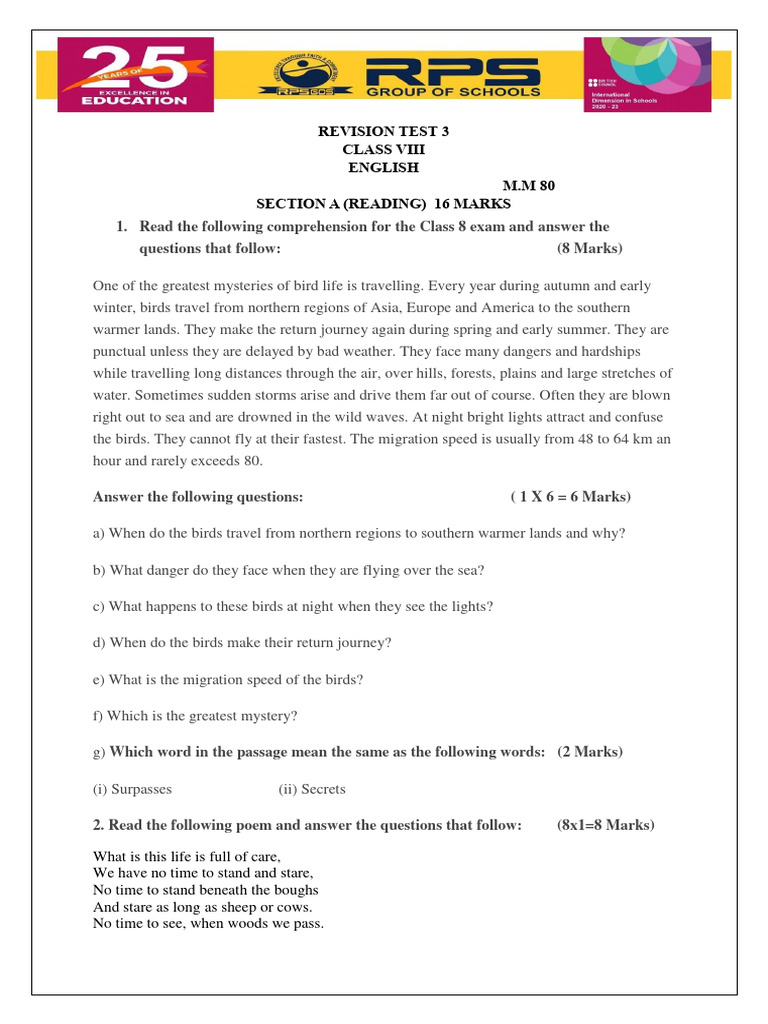 Revision Test 3 Class 8 English Pdf Bird Migration
