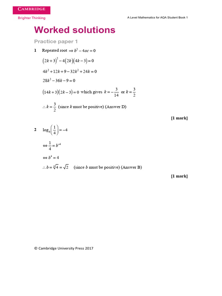 A Level Mathematics For Aqa Student Book 1 Practice Paper Solutions