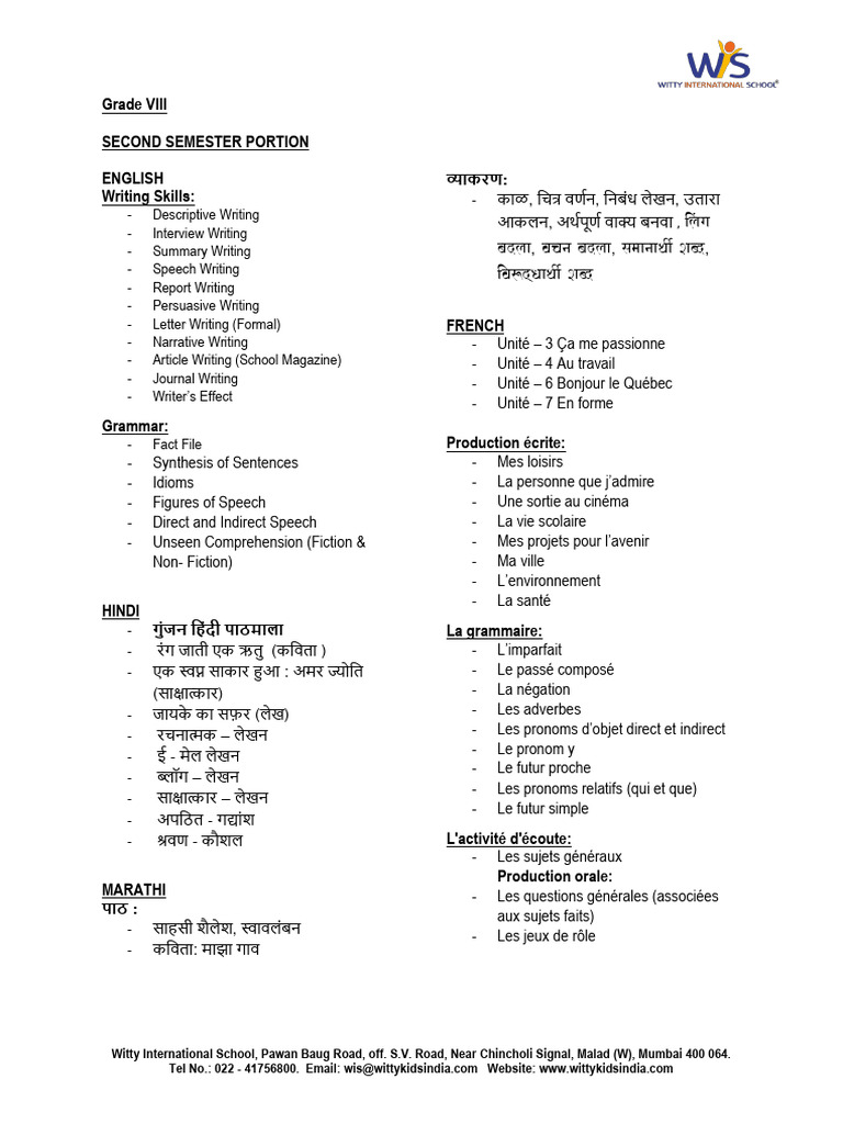 Grade VIII - Second Semester Portion | PDF
