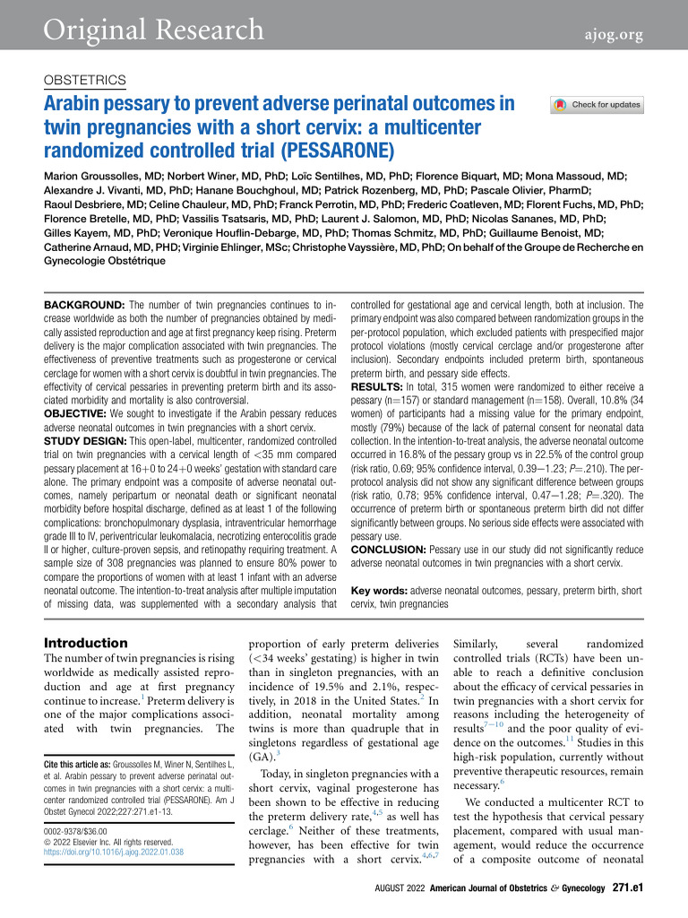Arabin Pessary in Twin Pregnancies Study | PDF | Preterm Birth | Childbirth