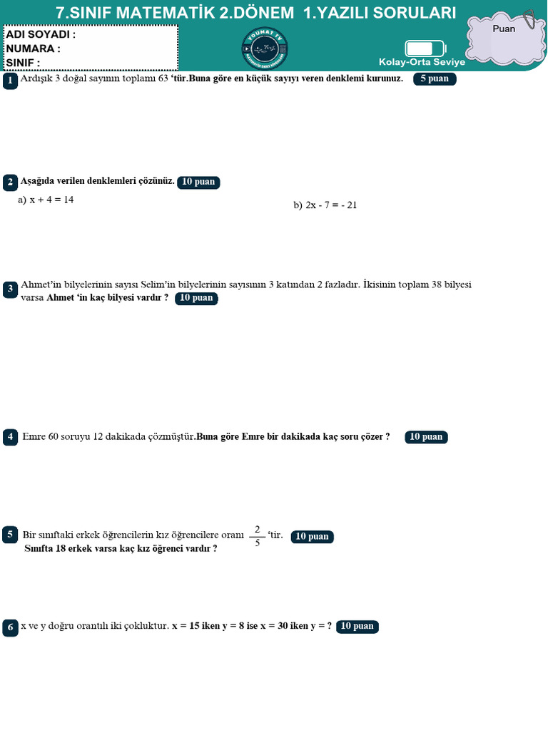 7 Sinif Matematik 2 Dnem 1 Yazili1 Birleştirildi | PDF