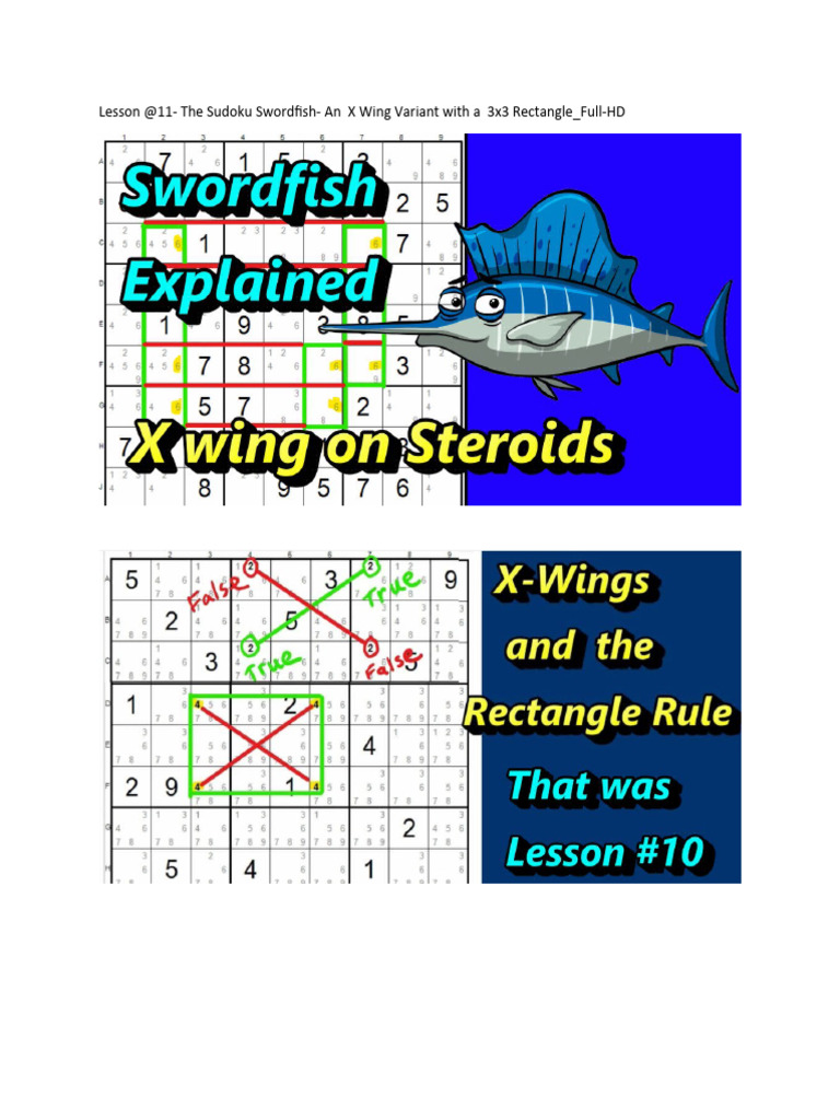 Advanced Sudoku techniques chart with X-Wing and Swordfish examples