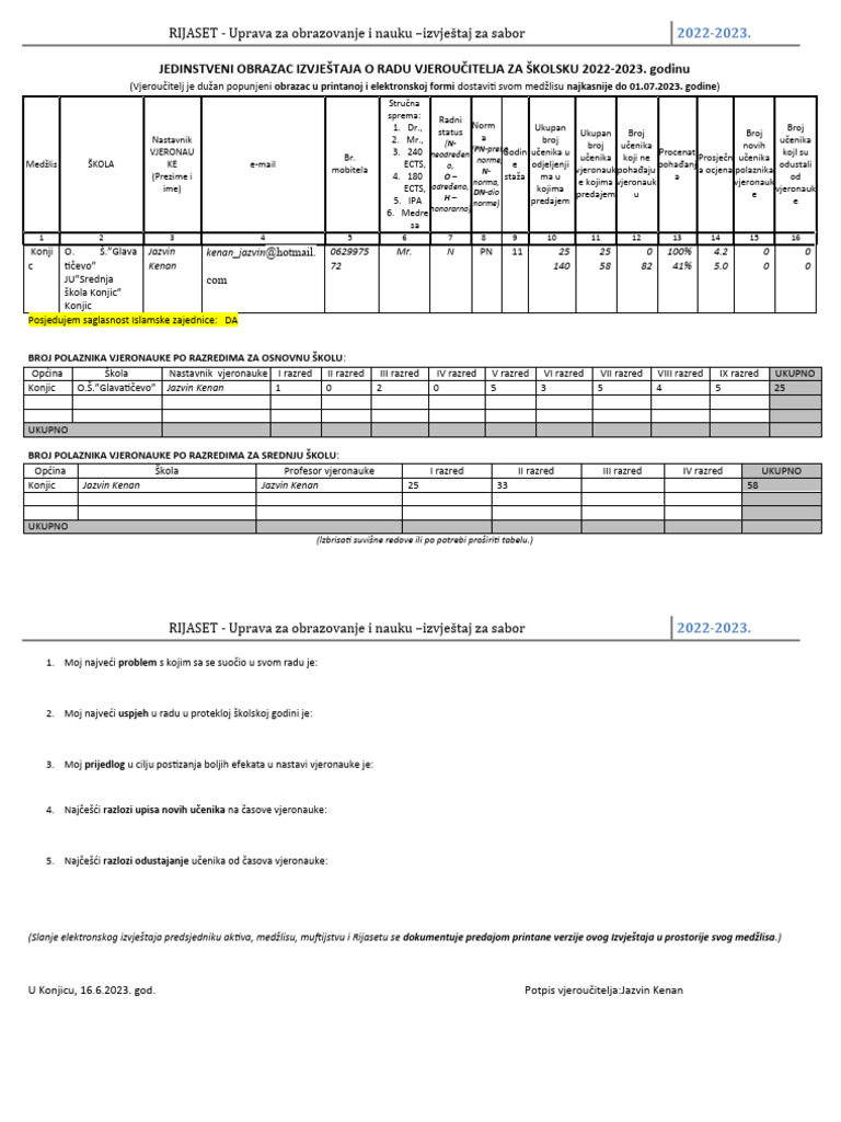 Obrazac Za Vjeroučitelje-Jazvin Kenan | PDF