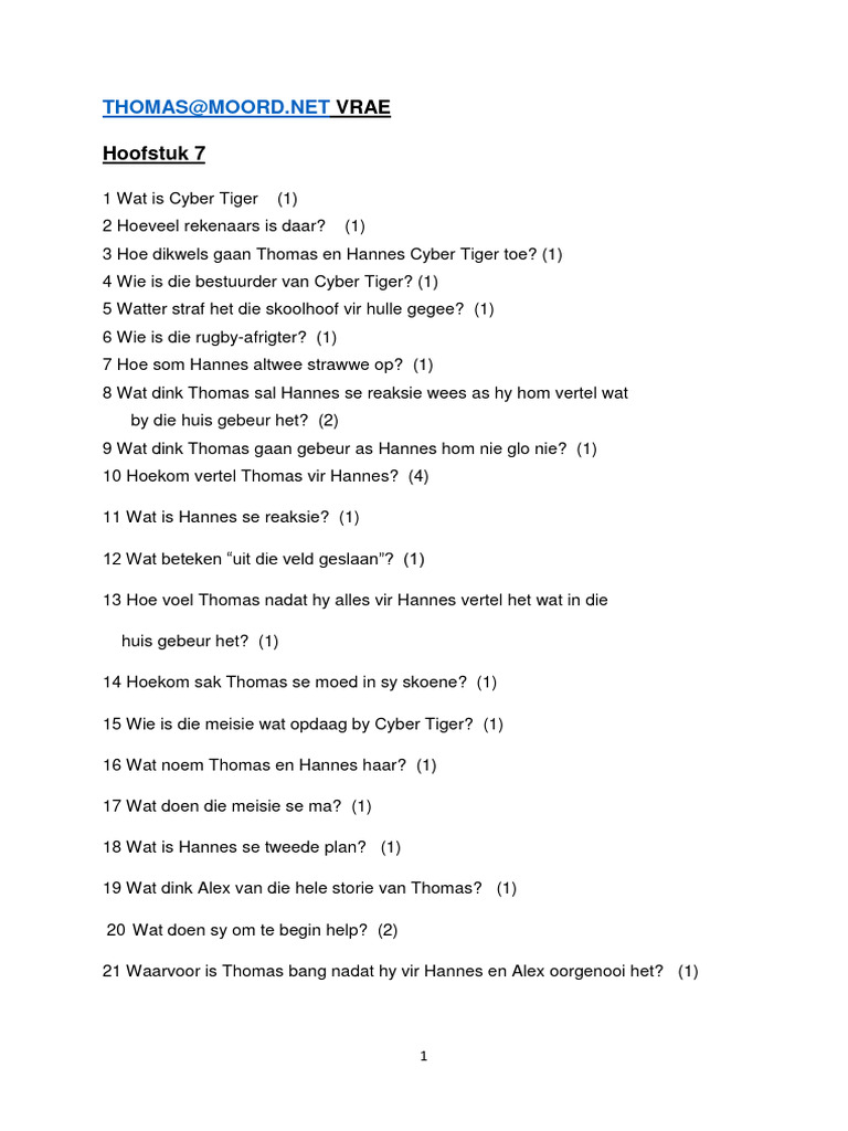 GR 9 Afrikaans Gr9 Thomas Hoofstuk 7 8 Vrae | PDF