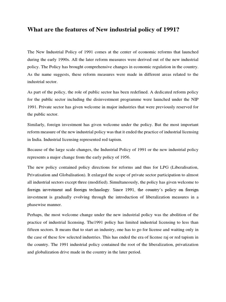 Features of India's 1991 Industrial Policy | PDF | Foreign Direct ...