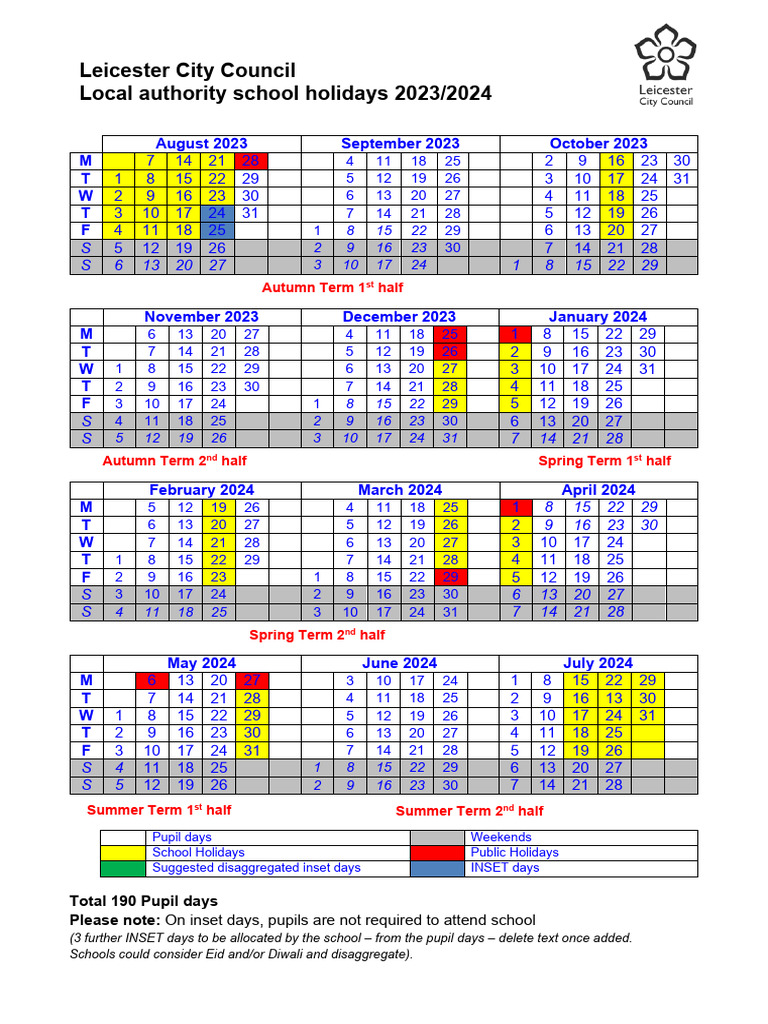 Leicester City Council School Term and Holiday Dates 2023 24 Print