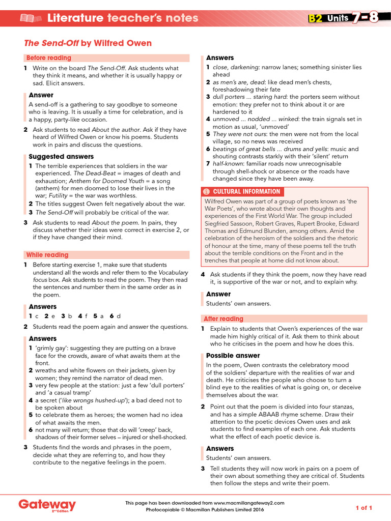 B2 UNITS 7 and 8 Literature Teacher's Notes | PDF | Poetry