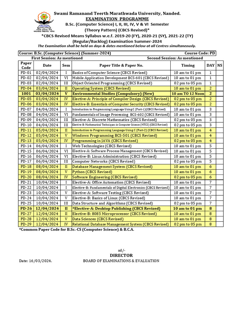 BSC CSComputer Science Summer 2024 Exam Time Table BB | PDF | Computer ...
