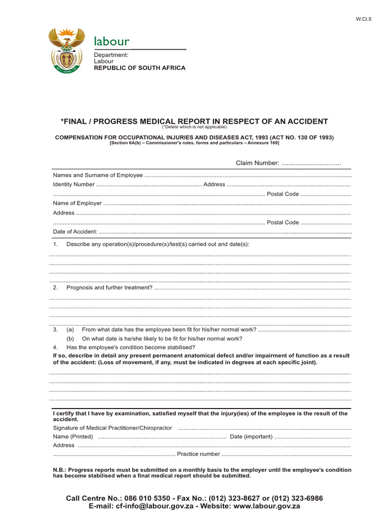 Form coid w cl 5 final or progress medical report in respect of