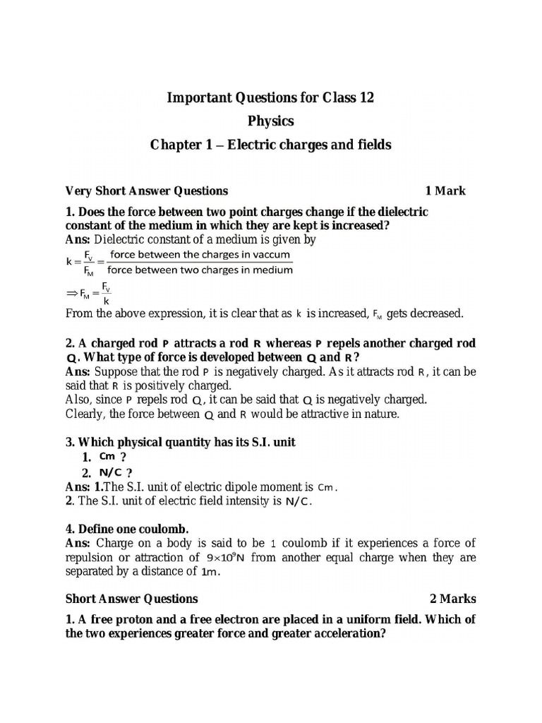 Important Question Electric Charges and Fields | PDF